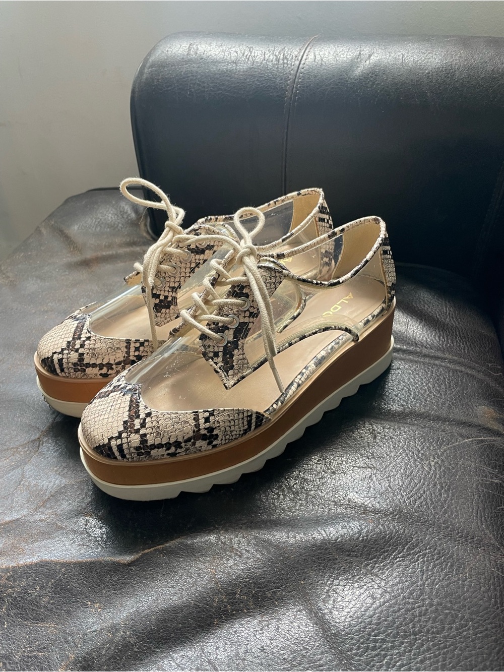 Aldo Snake-Print Platform Lace-Up Shoes in Beige and Brown